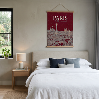 Paris Line Art Print — Burgundy Eiffel Tower Skyline Wall Art