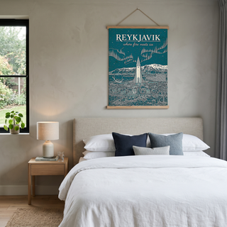 Reykjavik Line Art Print — Teal Hallgrímskirkja Aurora Skyline Wall Art