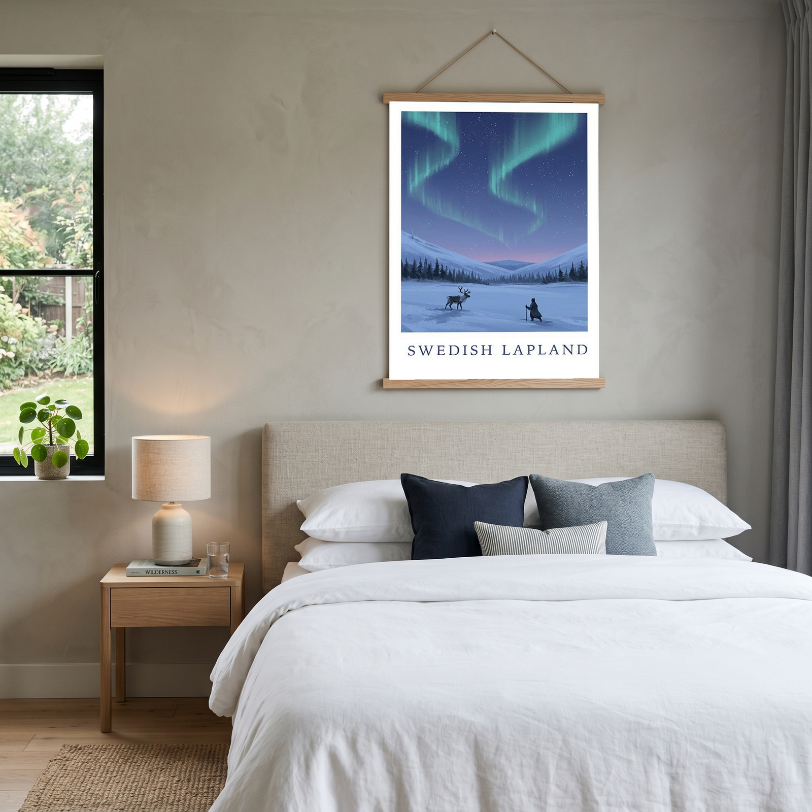 Swedish Lapland Travel Poster — Northern Lights Reindeer Sami Print