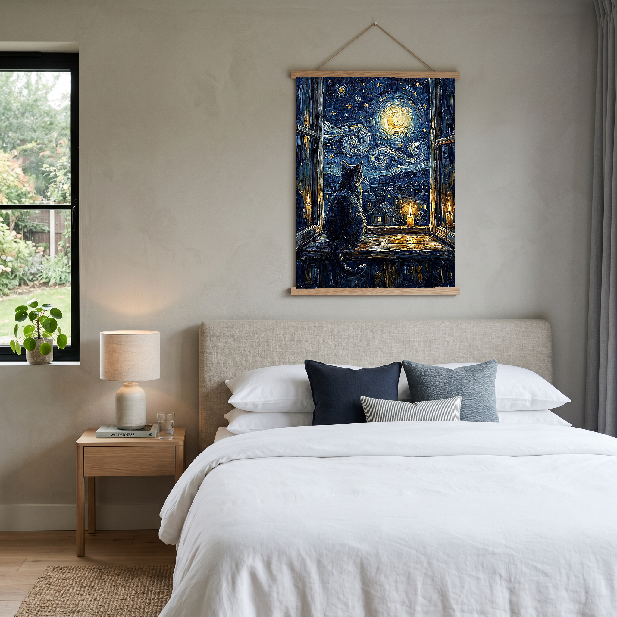Cat at Candlelit Window Print — Van Gogh Starry Night Village Wall Art