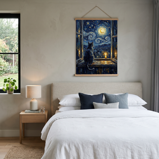Cat at Candlelit Window Print — Van Gogh Starry Night Village Wall Art