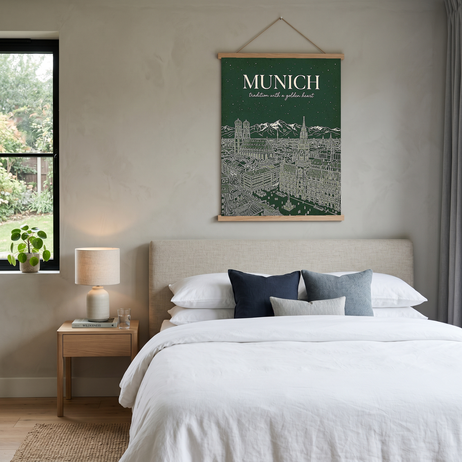 Munich Line Art Print — Forest Green Frauenkirche Marienplatz Skyline Wall Art