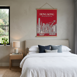 Hong Kong Line Art Print — Crimson Victoria Harbour Skyline Junk Boat Wall Art