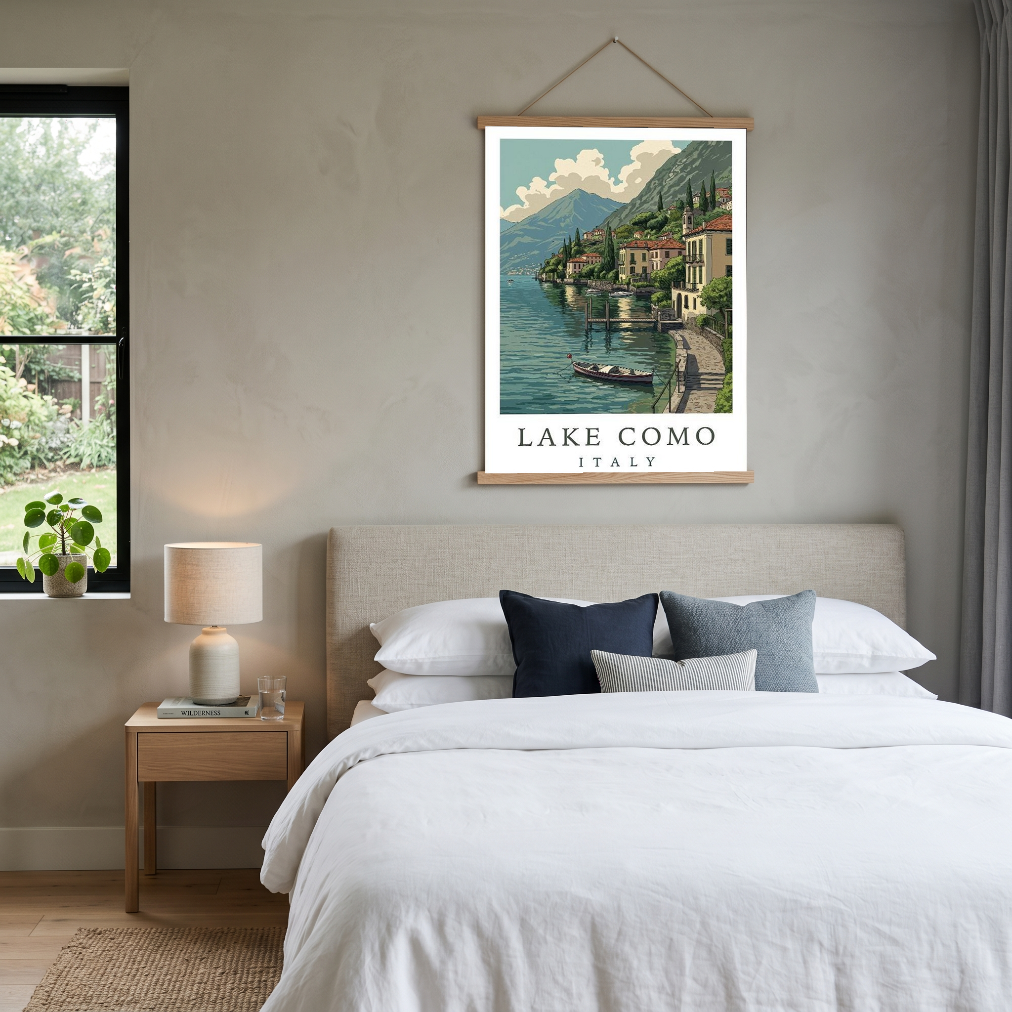 Lake Como Italy Travel Poster — Lakeside Village Boat Landscape Print
