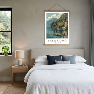 Lake Como Italy Travel Poster — Lakeside Village Boat Landscape Print