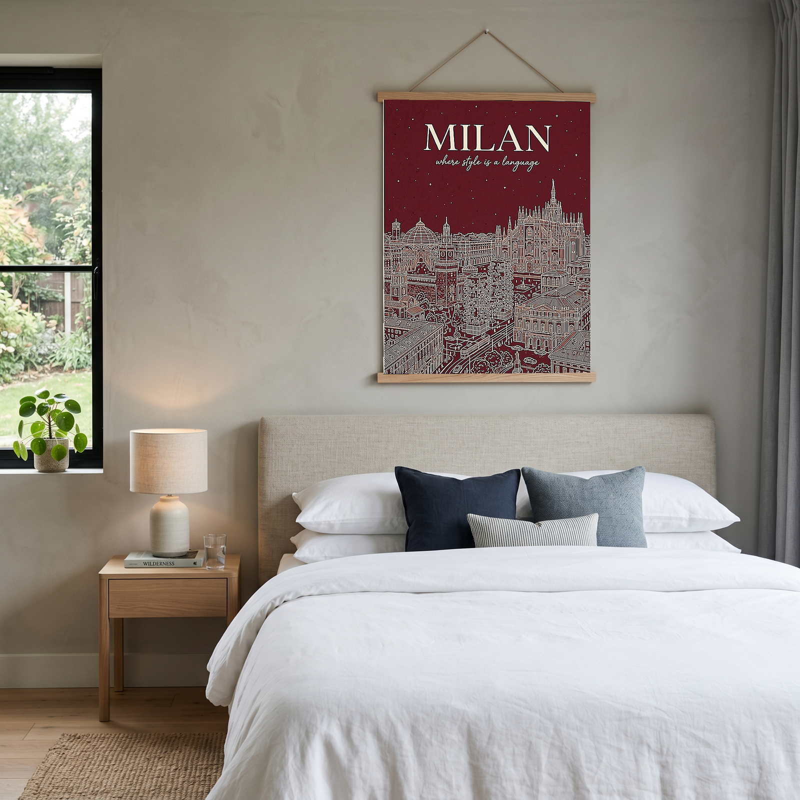 Milan Line Art Print — Wine Red Duomo Skyline Wall Art