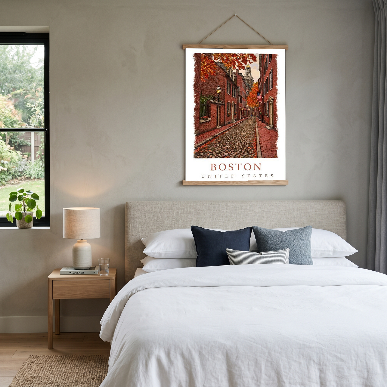 Boston USA Travel Poster — Acorn Street Beacon Hill Fall Foliage Print