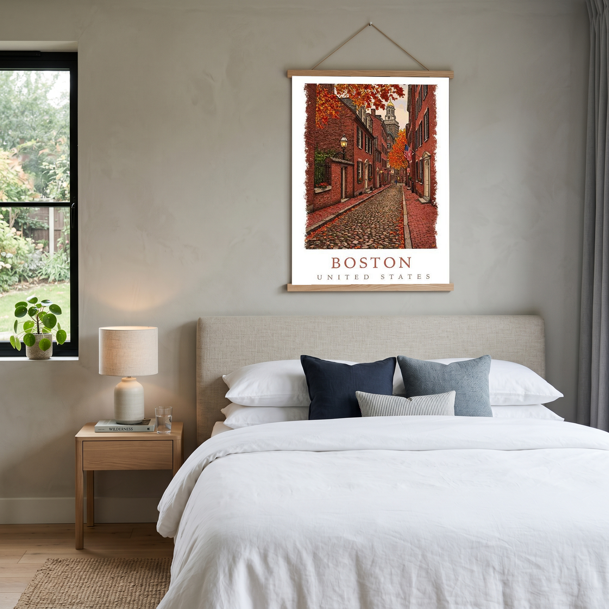 Boston USA Travel Poster — Acorn Street Beacon Hill Fall Foliage Print