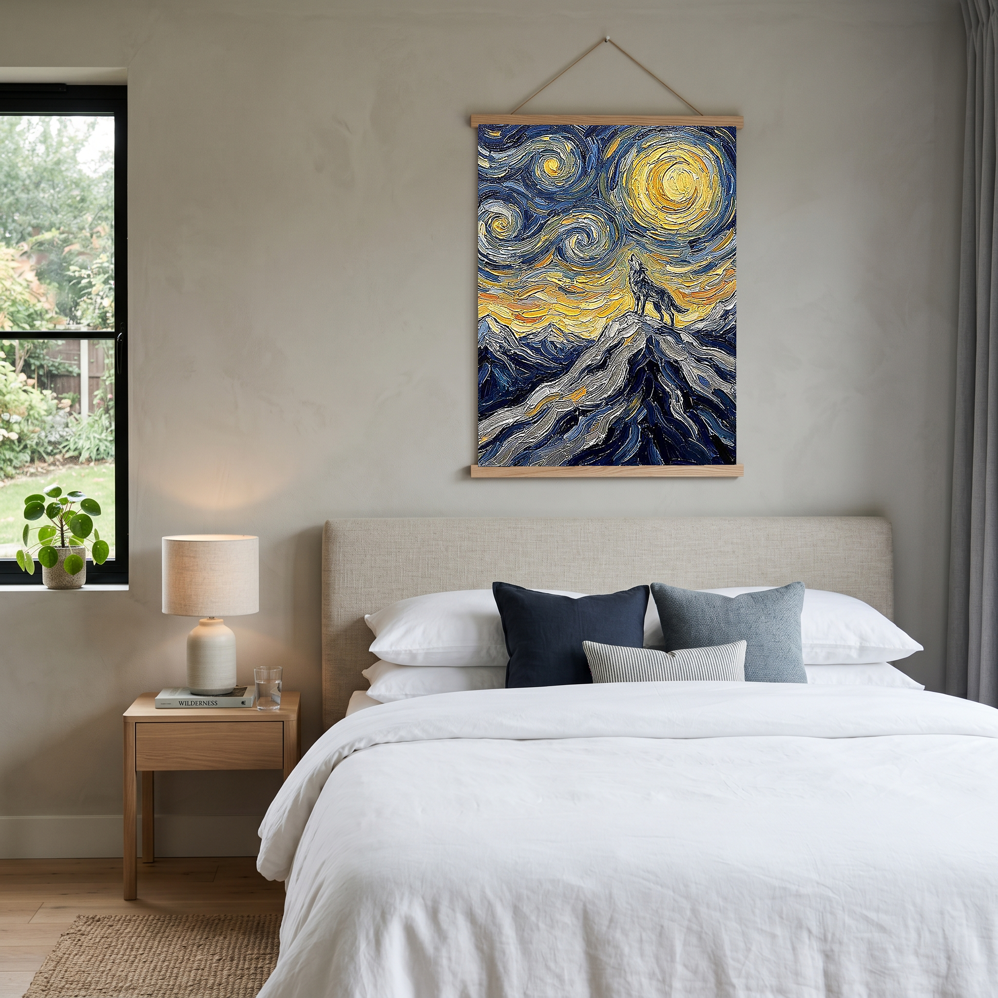 Lone Wolf Howling Mountain Peak Print — Van Gogh Starry Night Wall Art