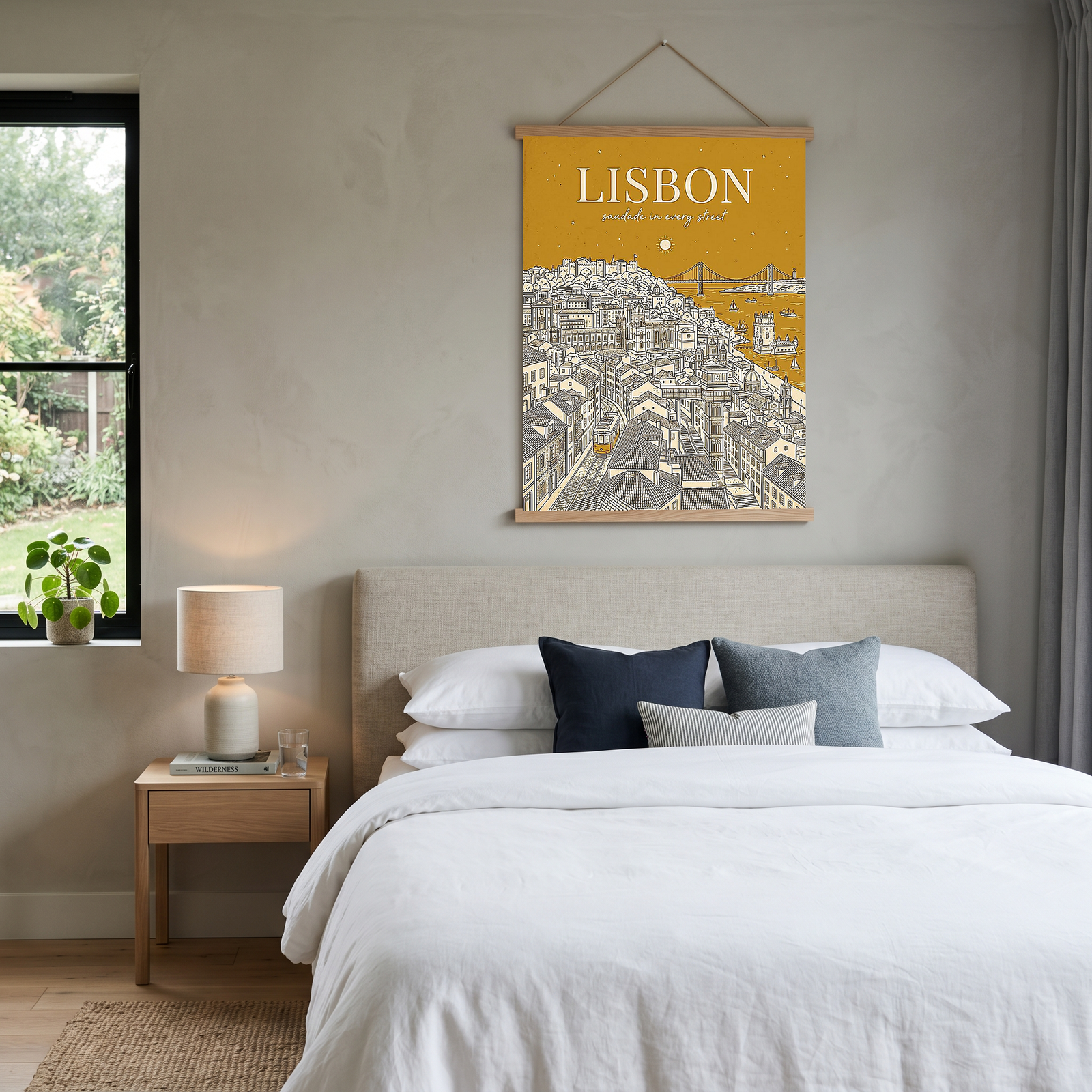 Lisbon Line Art Print — Mustard Yellow Tram Belém Tower Skyline Wall Art