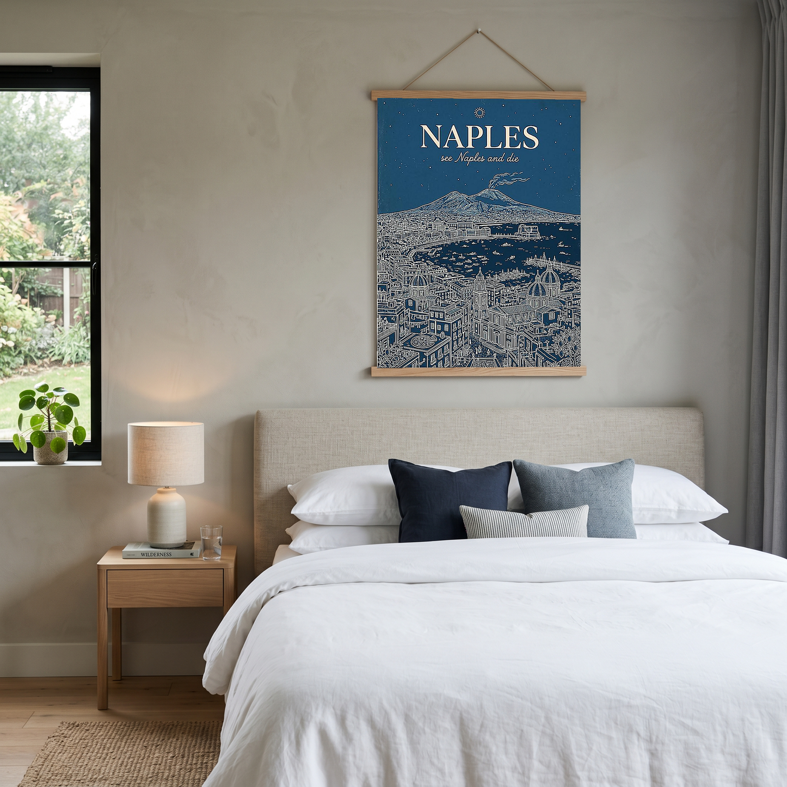 Naples Line Art Print — Navy Mount Vesuvius Bay Skyline Wall Art