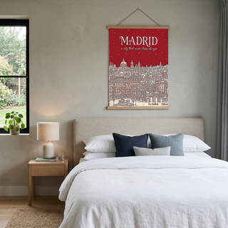 Madrid Line Art Print — Cherry Red Royal Palace Plaza Mayor Skyline Wall Art