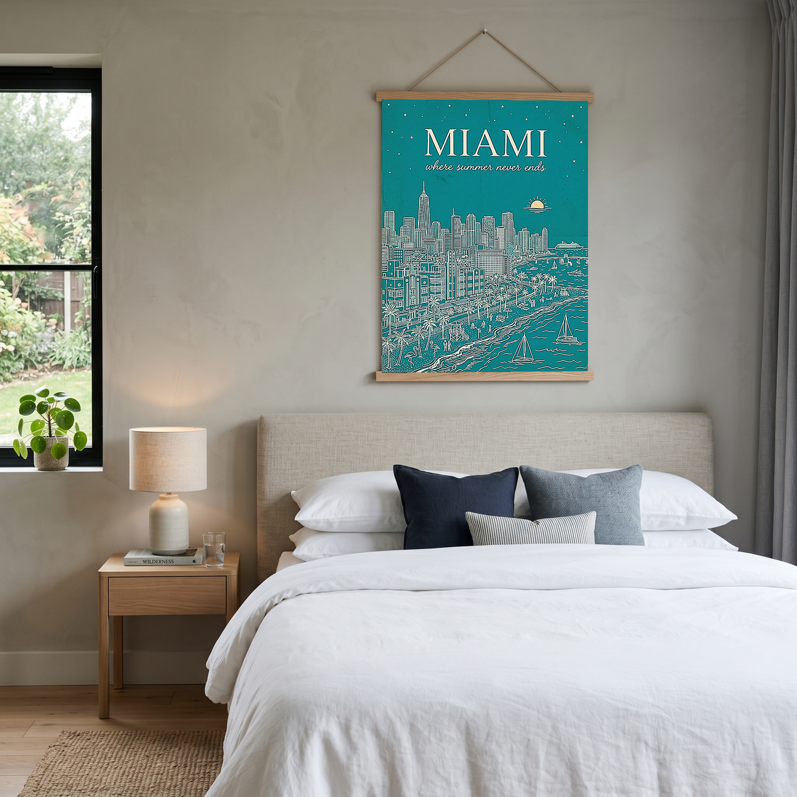 Miami Line Art Print — Teal South Beach Skyline Art Deco Wall Art