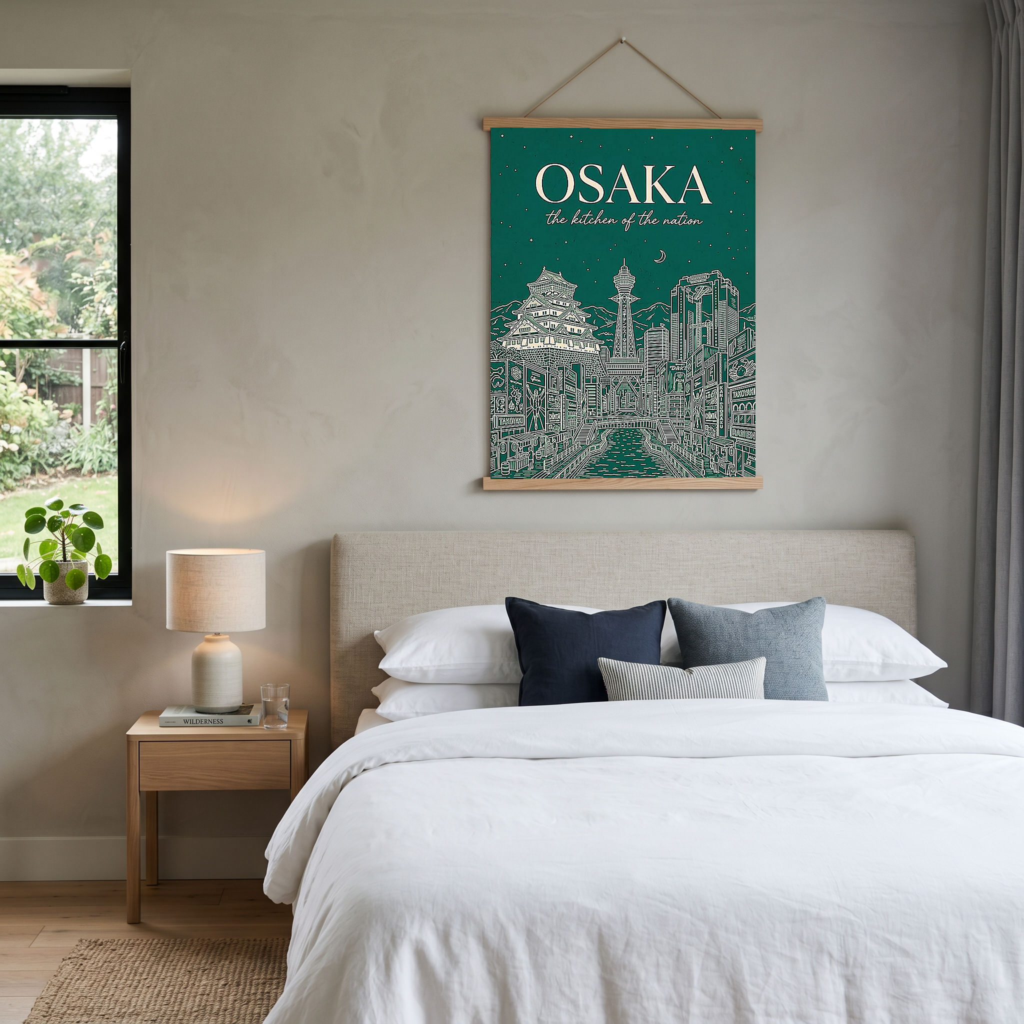 Osaka Line Art Print — Forest Green Osaka Castle Tsutenkaku Dotonbori Wall Art