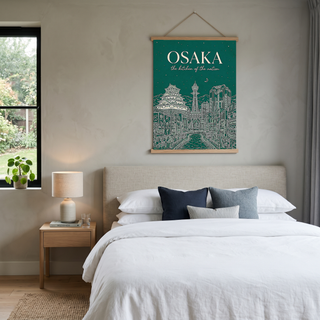 Osaka Line Art Print — Forest Green Osaka Castle Tsutenkaku Dotonbori Wall Art