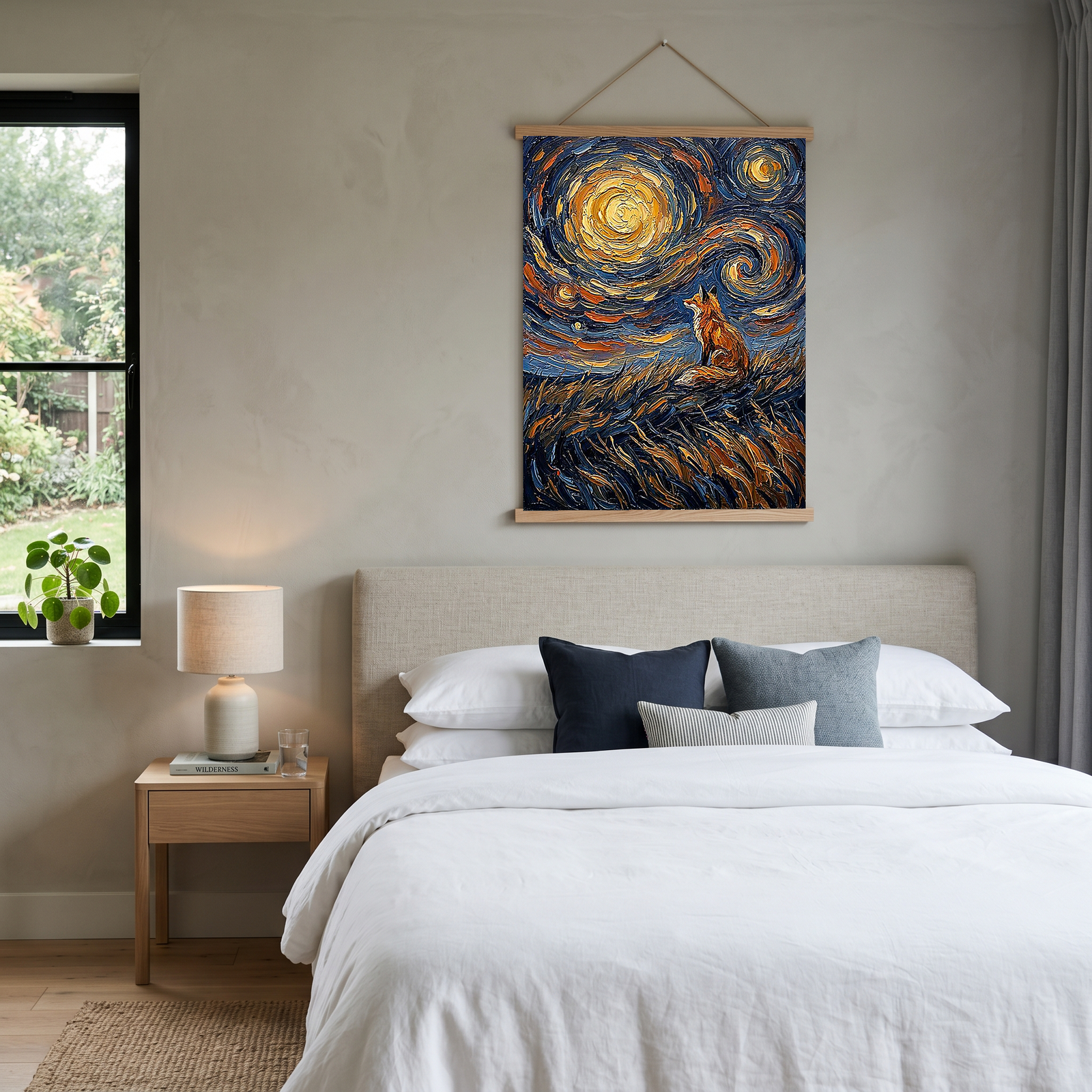 Lone Fox Starry Night Print — Van Gogh-Style Wildlife Hillside Wall Art