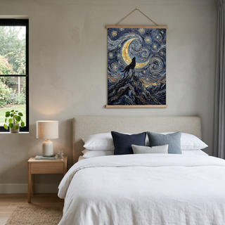 Black Wolf Howling Crescent Moon Print — Van Gogh-Style Mountain Wall Art