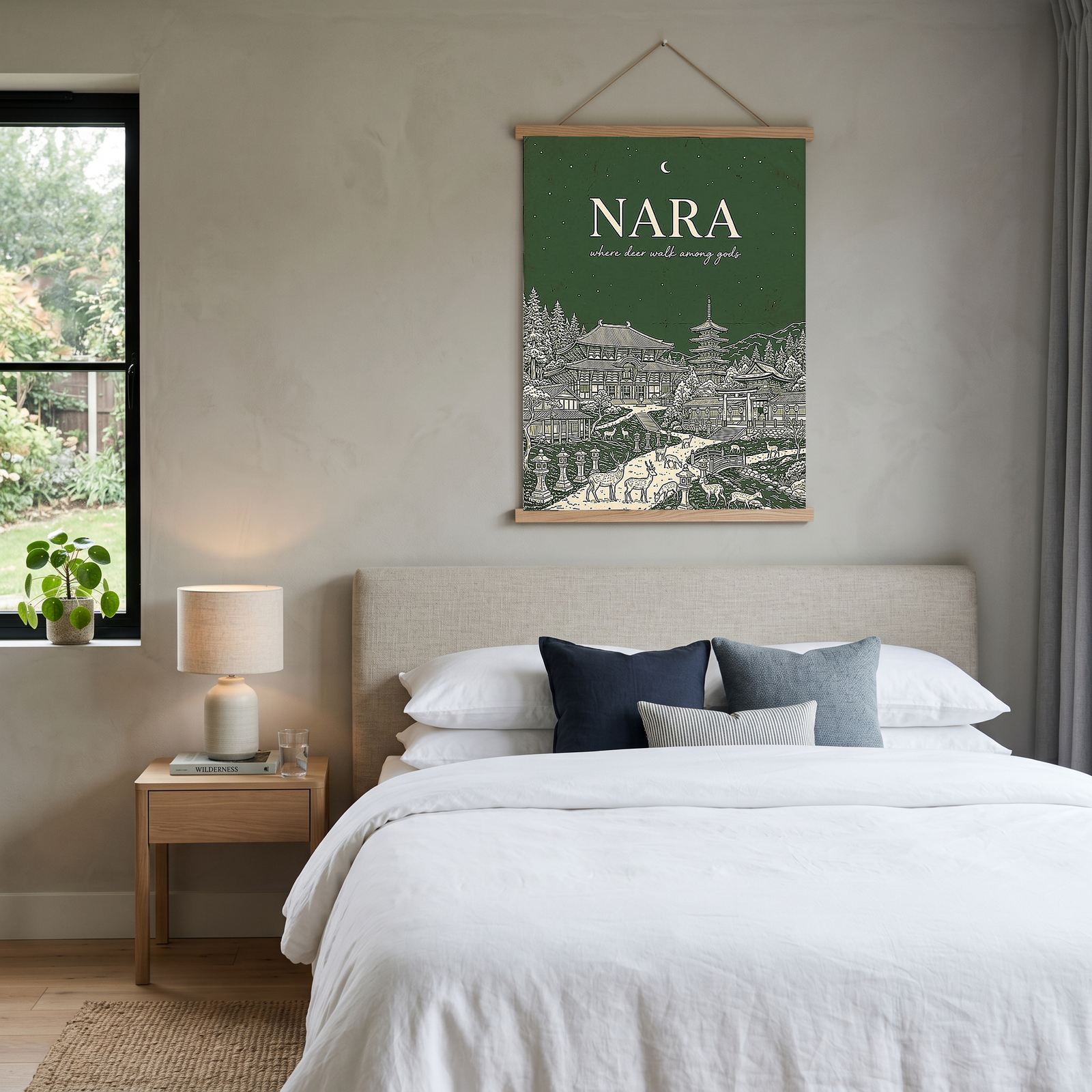Nara Line Art Print — Forest Green Tōdai-ji Temple Pagoda Deer Wall Art
