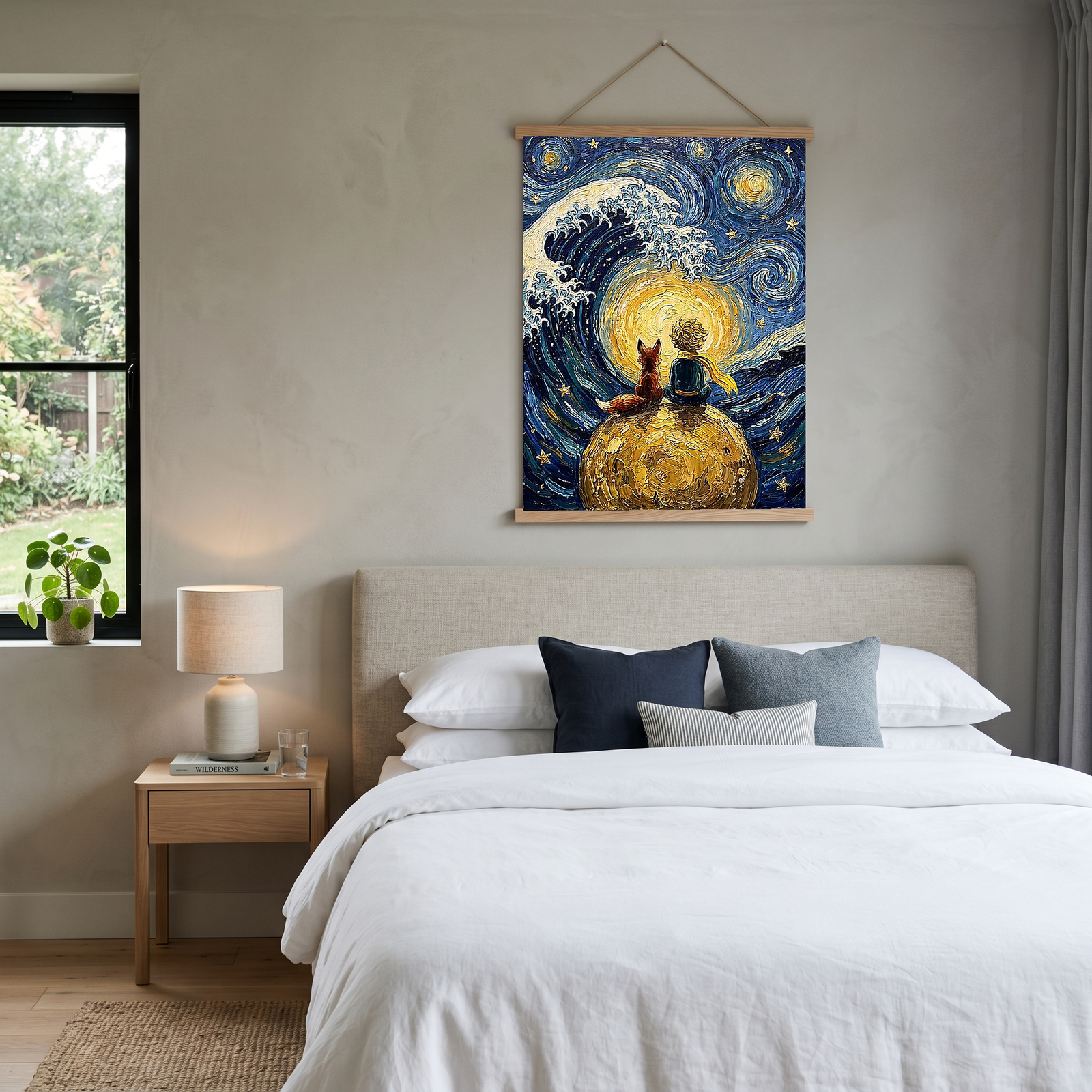 Little Prince Fox &amp; Planet Print — Van Gogh-Style Nursery Wall Art