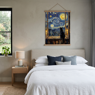 Black Cat Window Print — Van Gogh Starry Night Cozy Cottage Wall Art