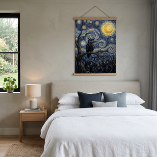 Wise Owl Starry Night Print — Van Gogh-Style Mystical Forest Wall Art