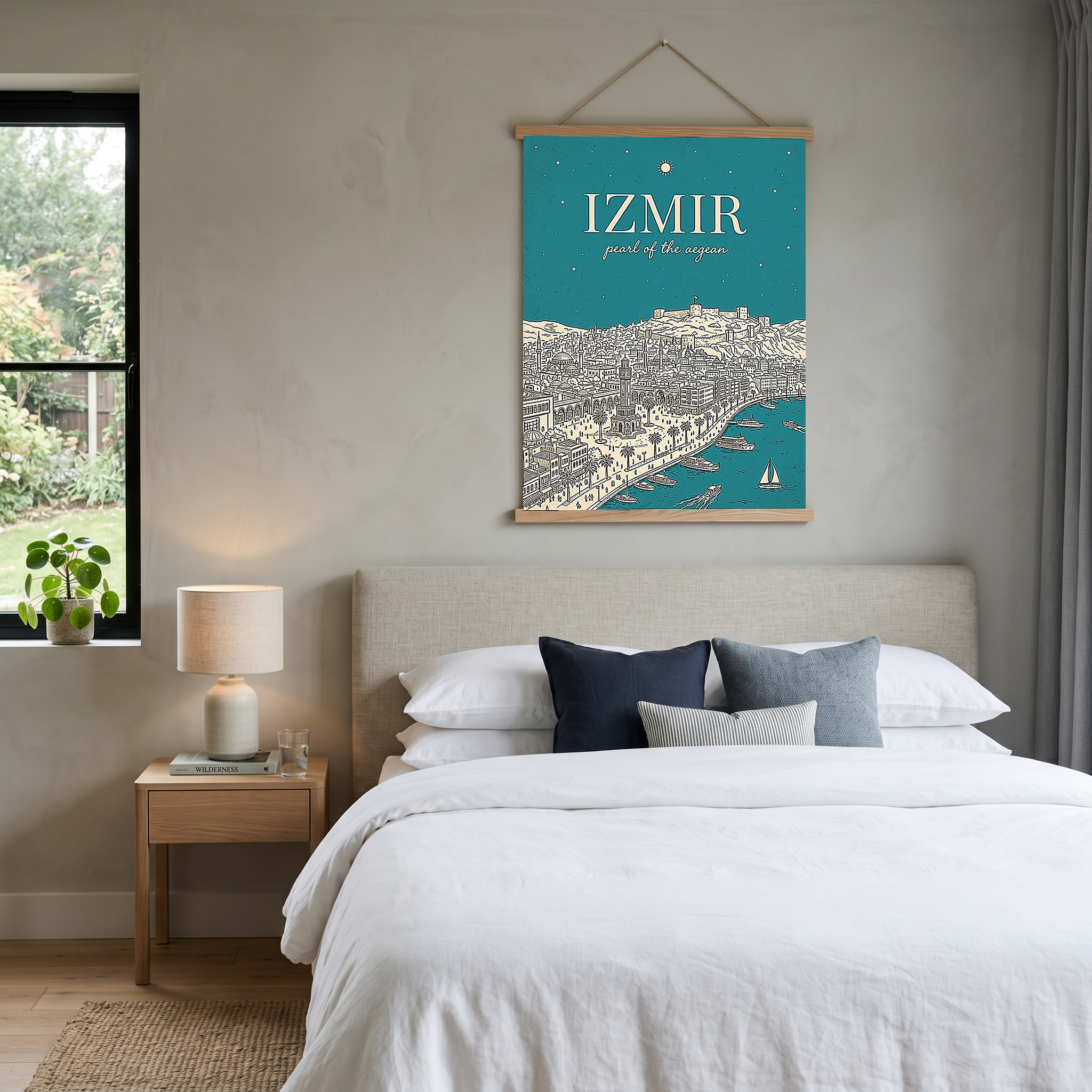İzmir Line Art Print — Teal Clock Tower Kadifekale Aegean Coast Wall Art
