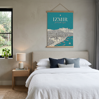 İzmir Line Art Print — Teal Clock Tower Kadifekale Aegean Coast Wall Art