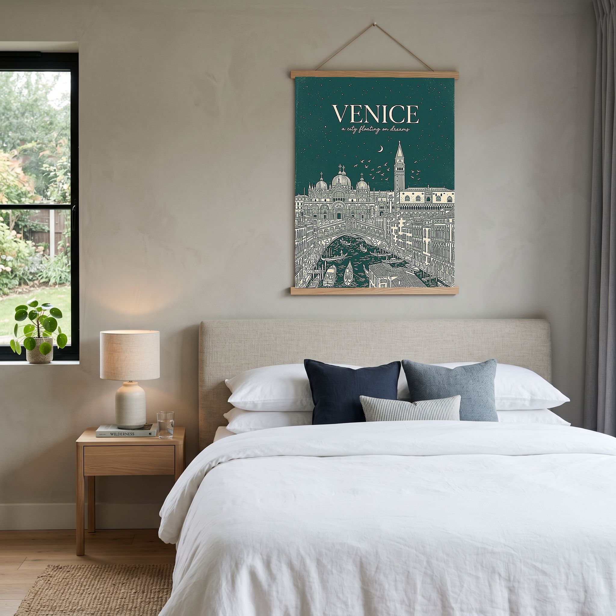 Venice Line Art Print — Forest Green St. Mark's Basilica Rialto Bridge Wall Art