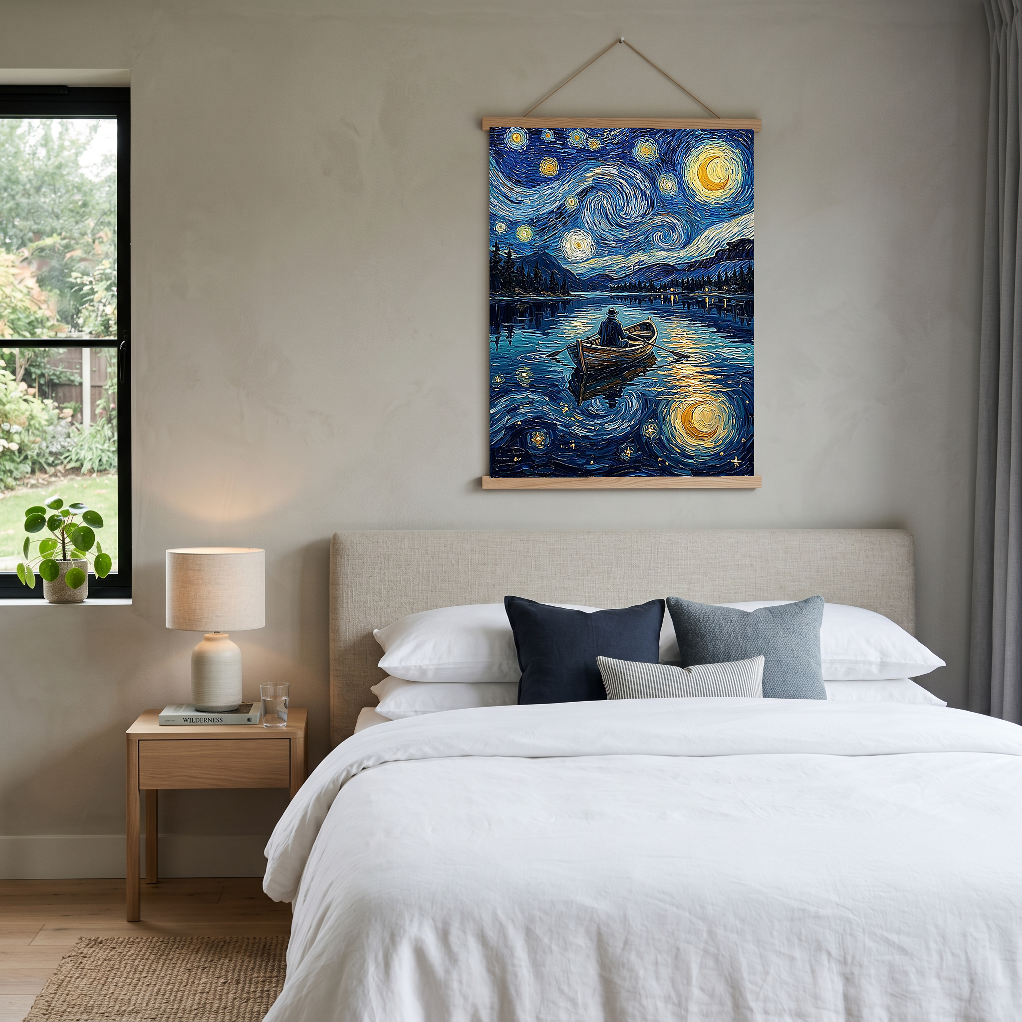 Moonlit Lake Rowboat Print — Van Gogh-Style Night Fishing Cabin Wall Art