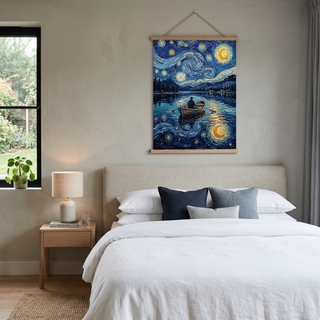 Moonlit Lake Rowboat Print — Van Gogh-Style Night Fishing Cabin Wall Art