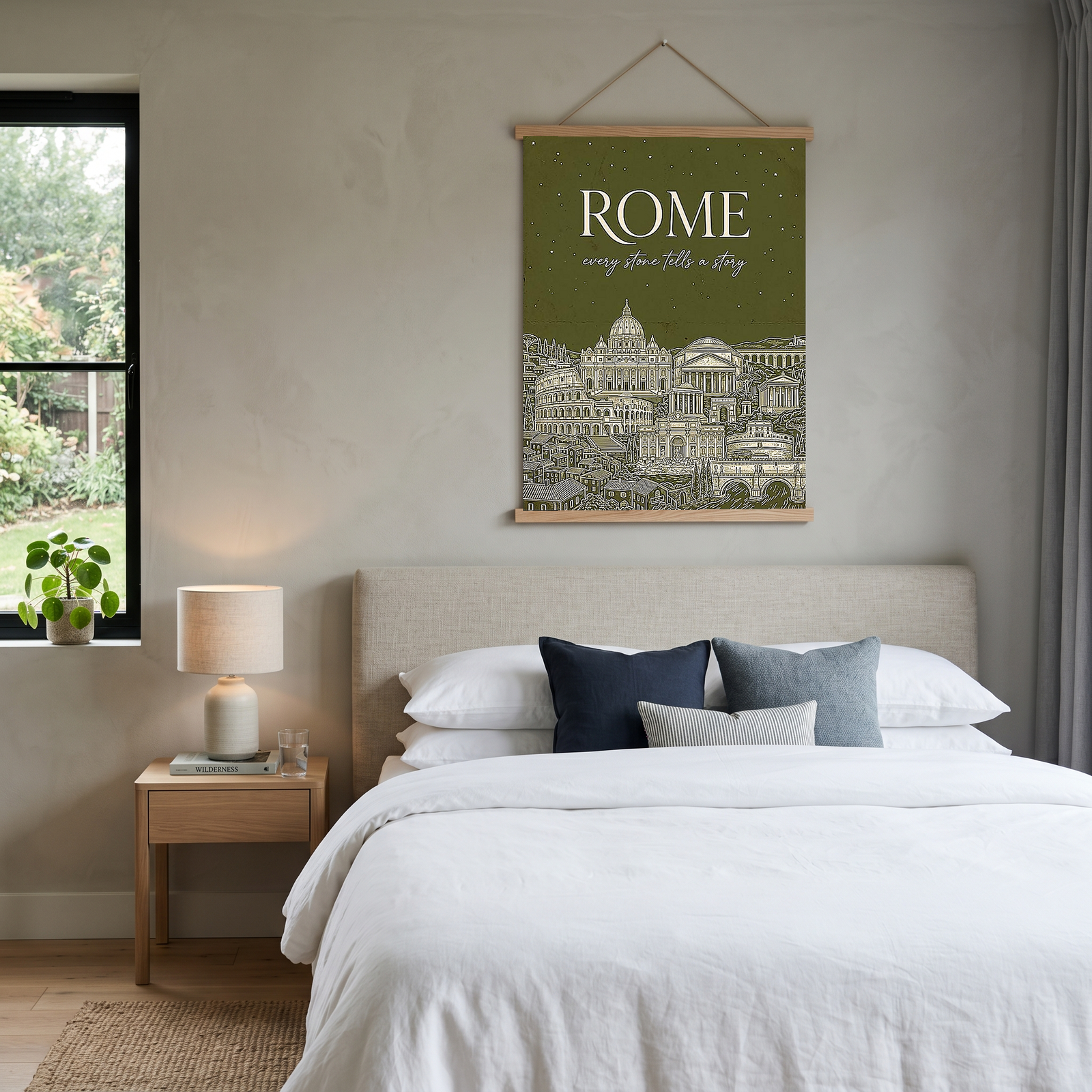Rome Line Art Print — Olive Green Colosseum Vatican Skyline Wall Art
