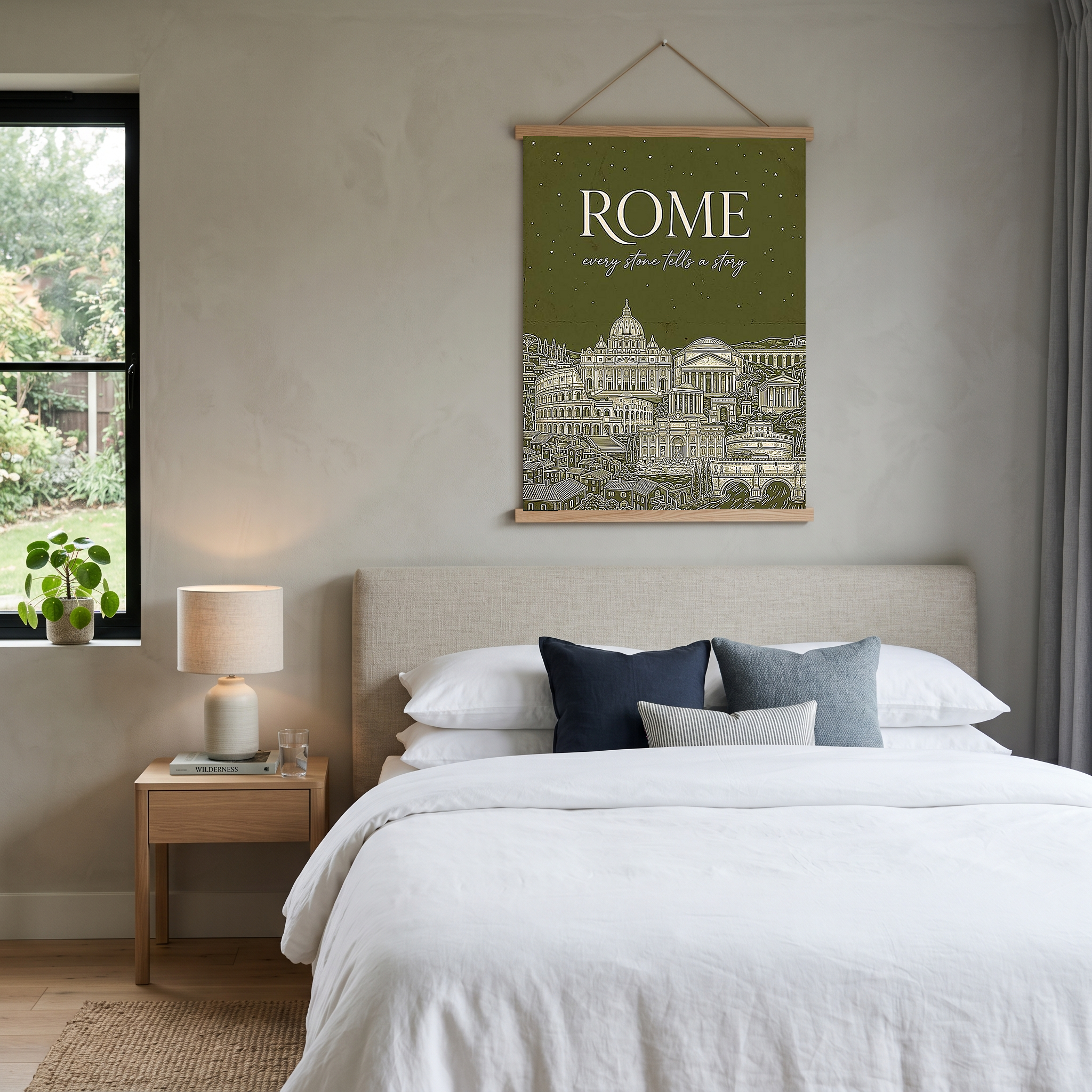 Rome Line Art Print — Olive Green Colosseum Vatican Skyline Wall Art