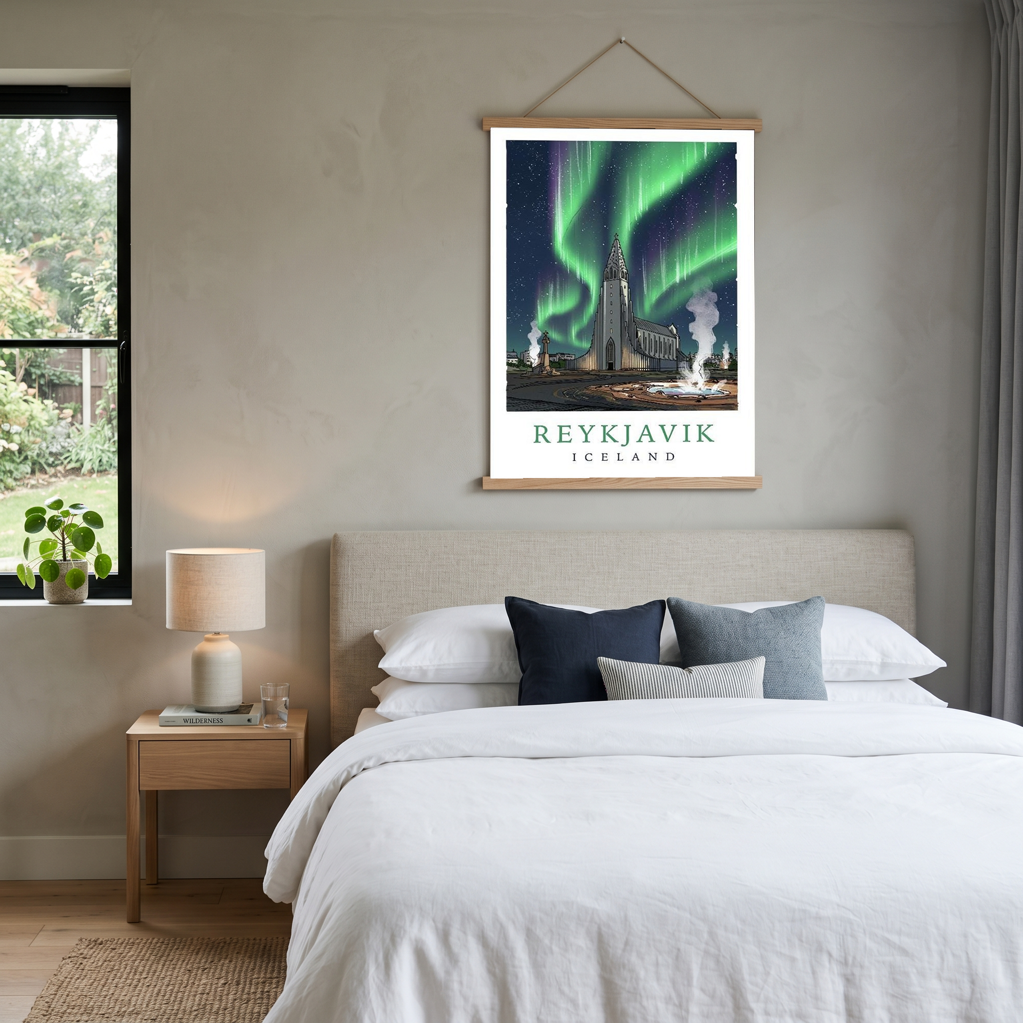 Reykjavik Iceland Travel Poster — Hallgrímskirkja Northern Lights Print