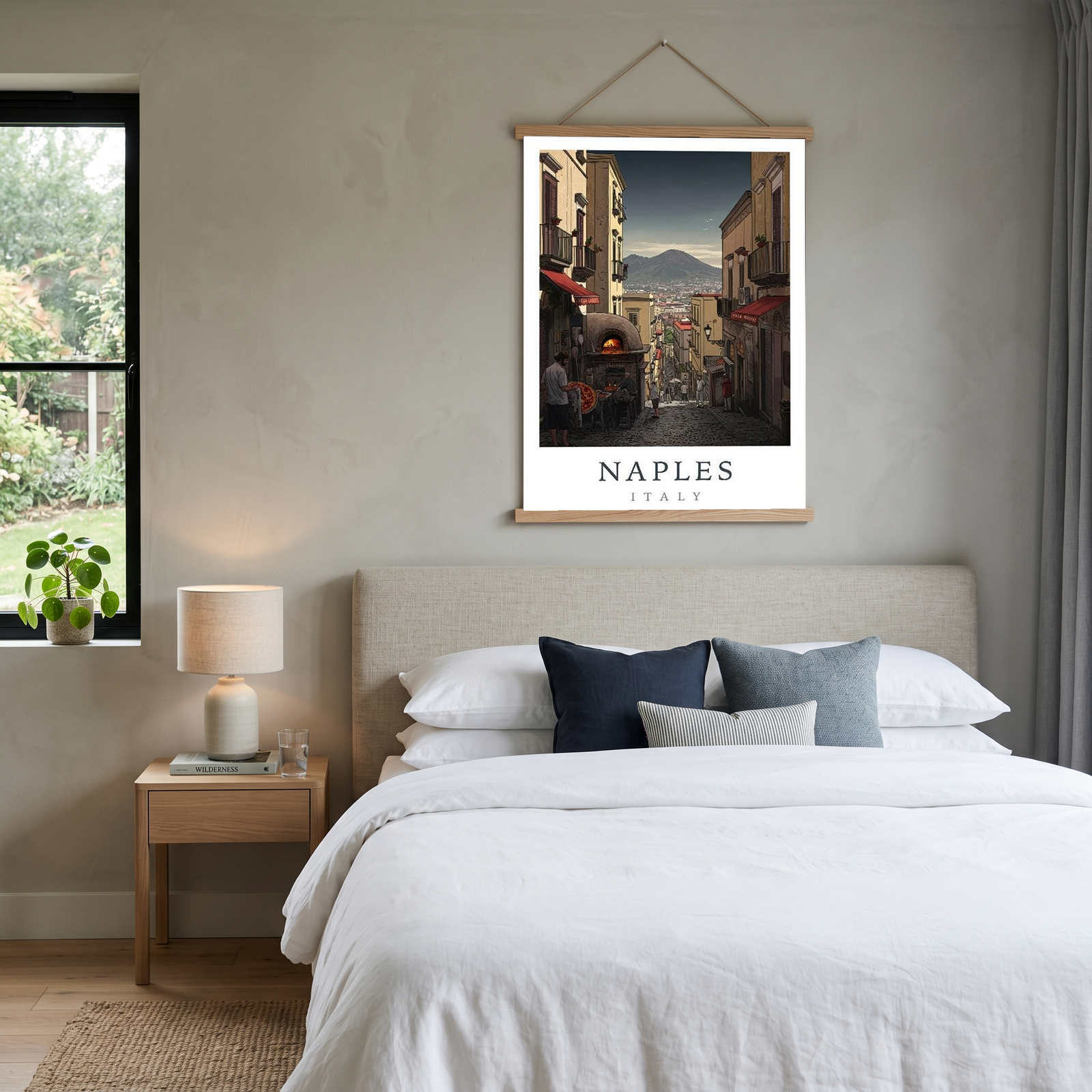 Naples Italy Travel Poster — Vesuvius Pizza Street Scene Print