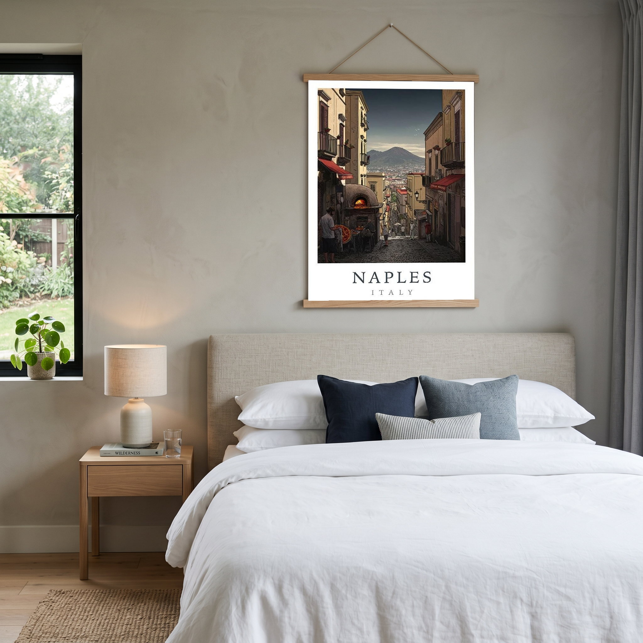 Naples Italy Travel Poster — Vesuvius Pizza Street Scene Print
