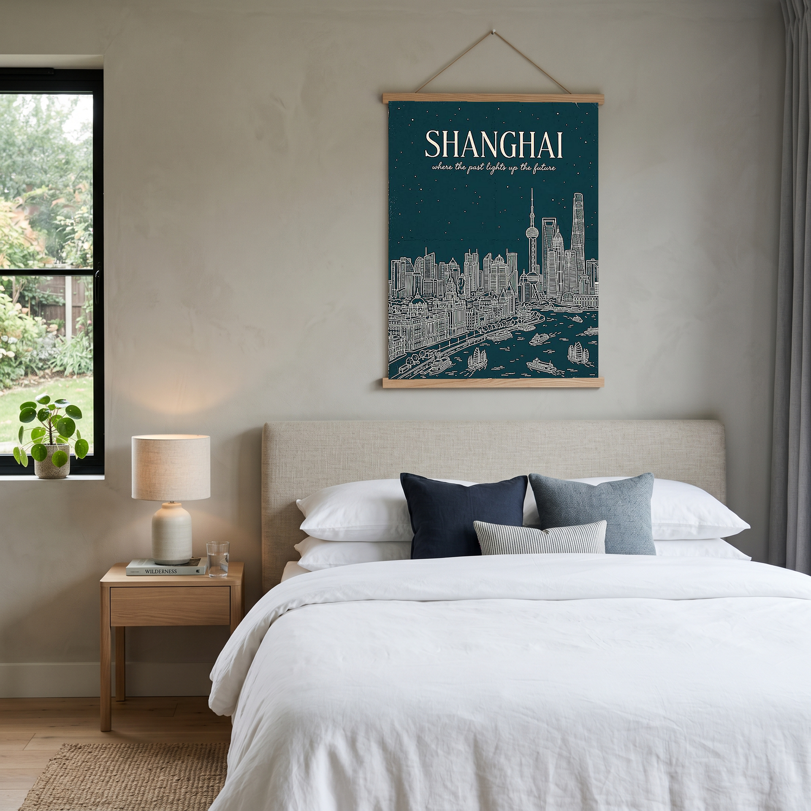 Shanghai Line Art Print — Teal Oriental Pearl Tower The Bund Skyline Wall Art