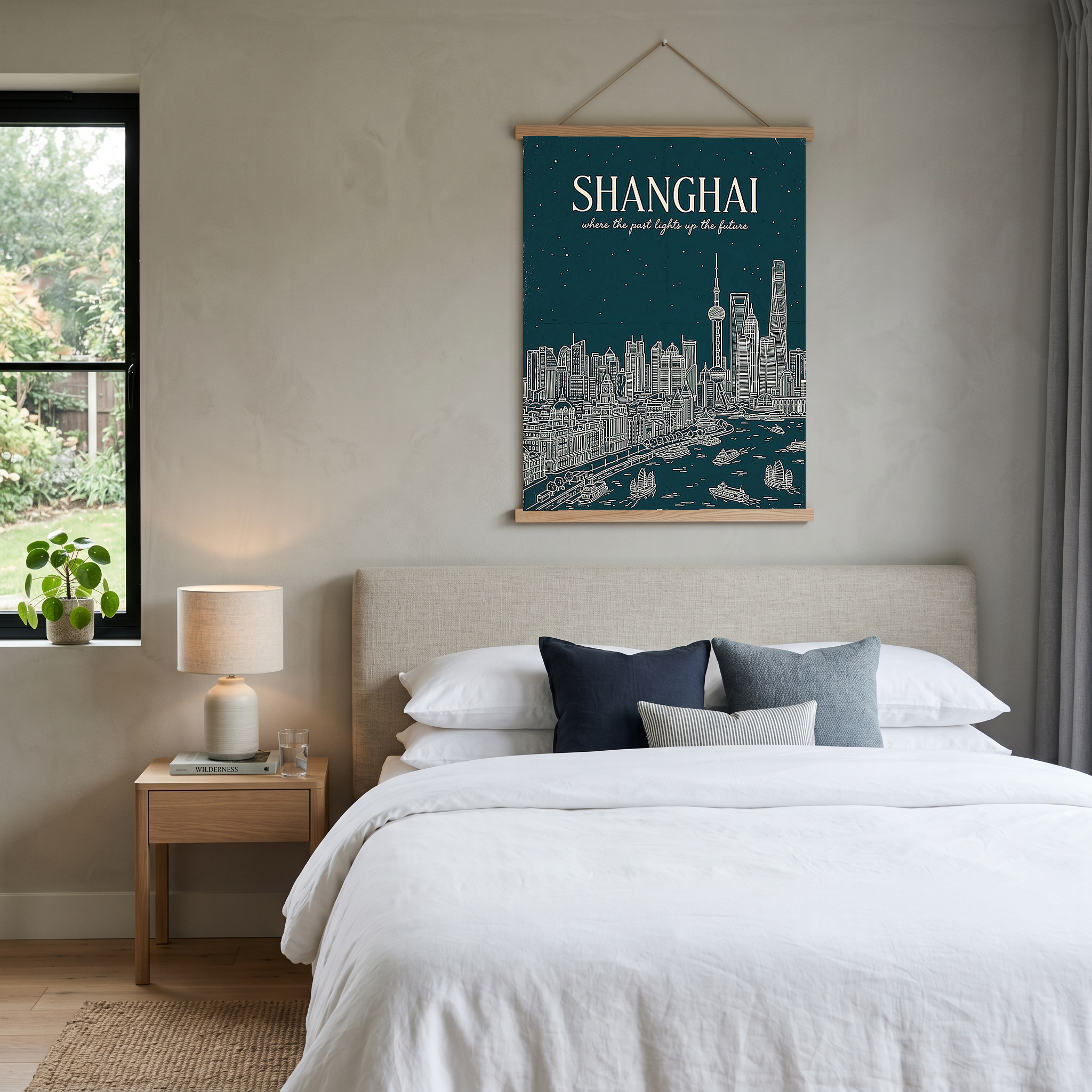 Shanghai Line Art Print — Teal Oriental Pearl Tower The Bund Skyline Wall Art