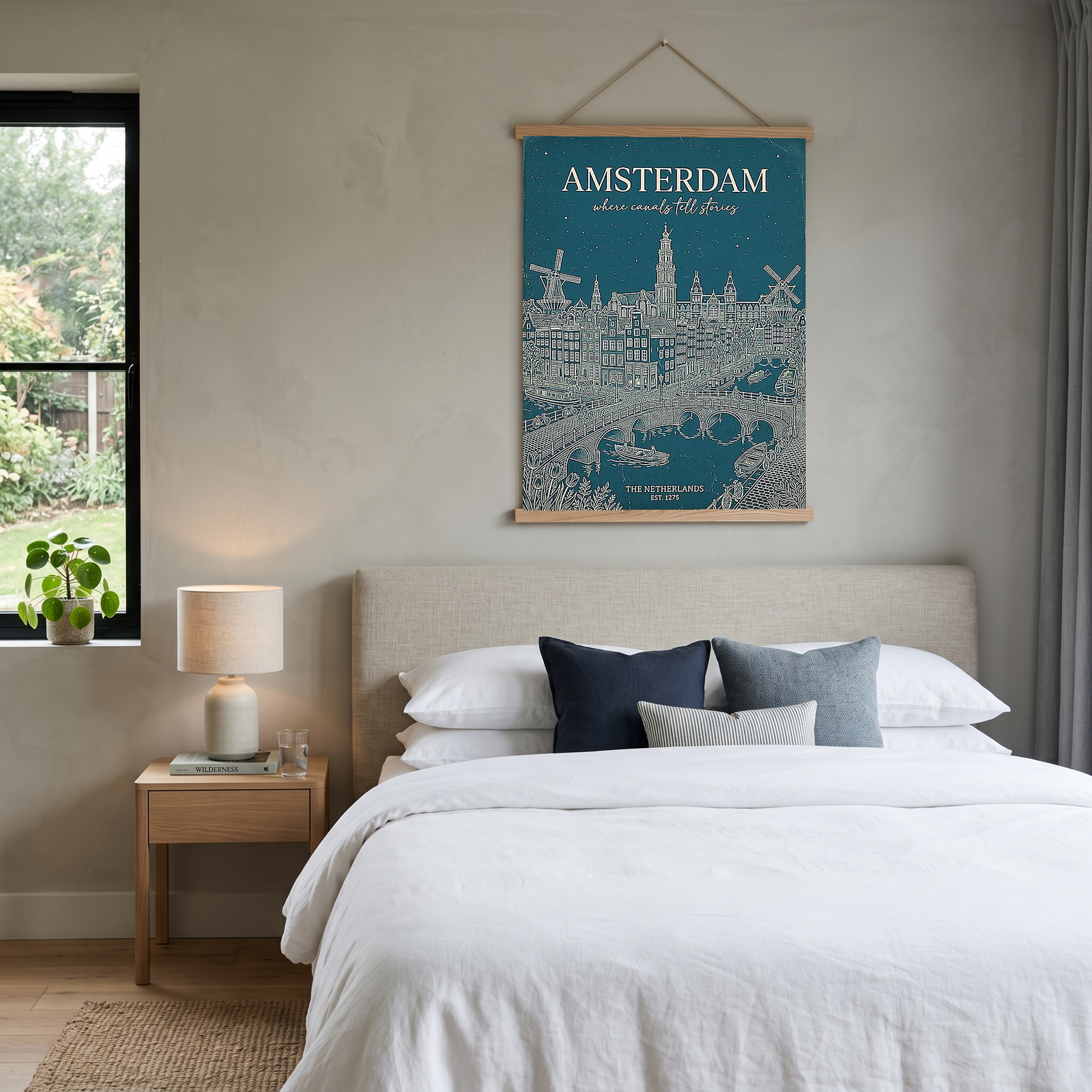 Amsterdam Line Art Print — Teal Canal Windmill Skyline Wall Art