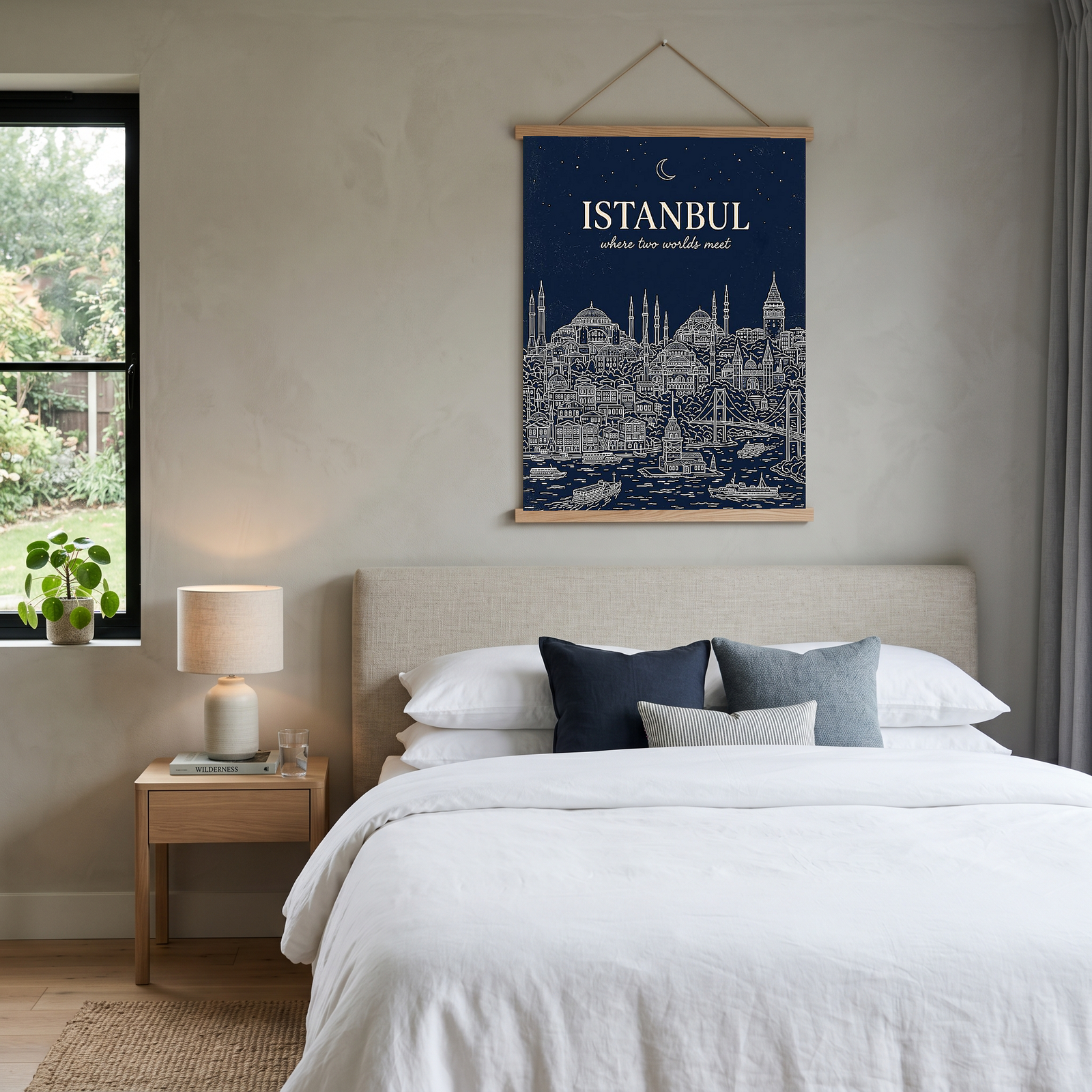 Istanbul Line Art Print — Navy Bosphorus Skyline Hagia Sophia Wall Art