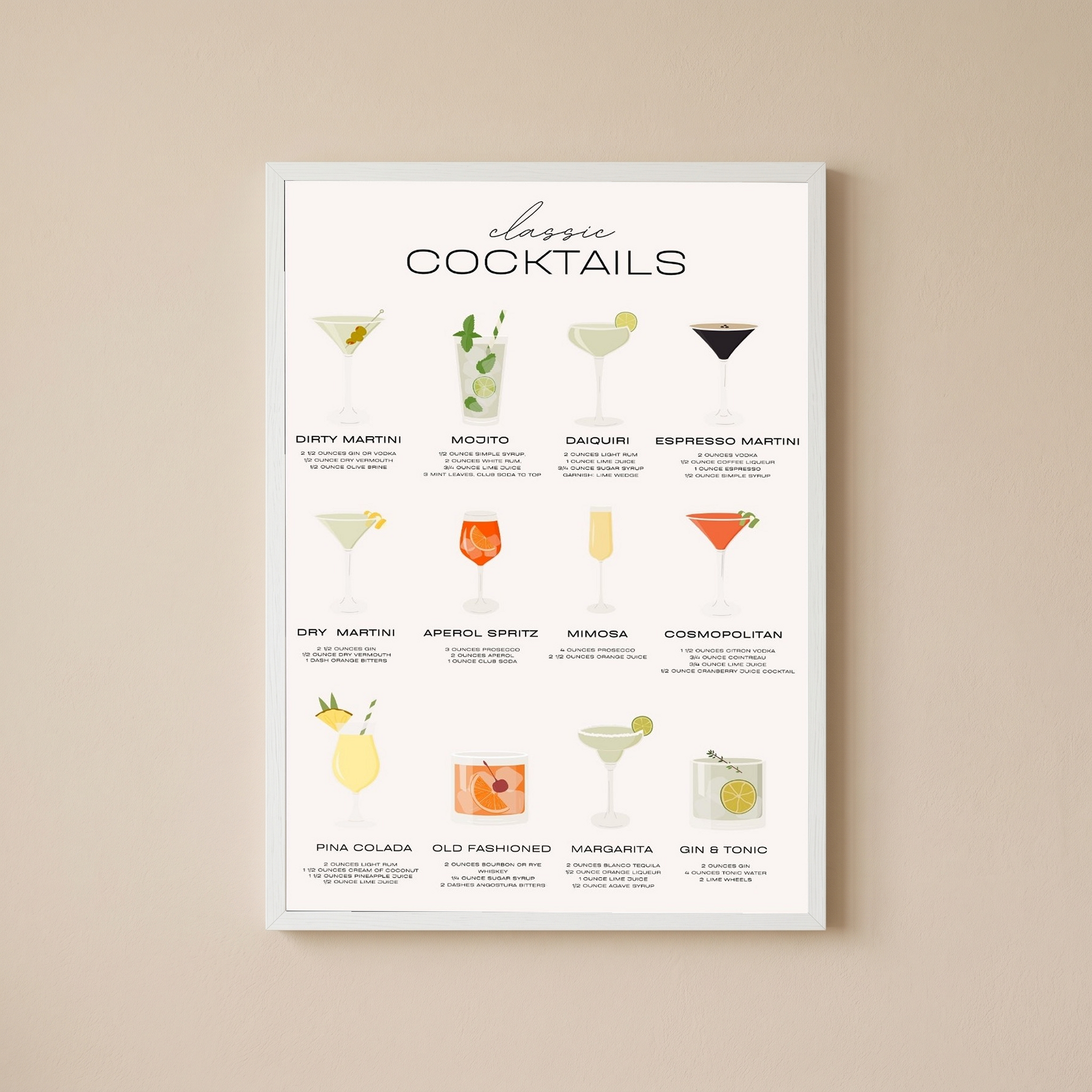 Classic Cocktails Wall Art Print — Vintage Bar Menu Poster