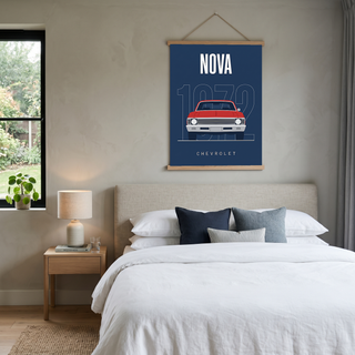 Chevrolet Nova 1972 Minimalist Poster — Red on Navy Compact Muscle Line Art