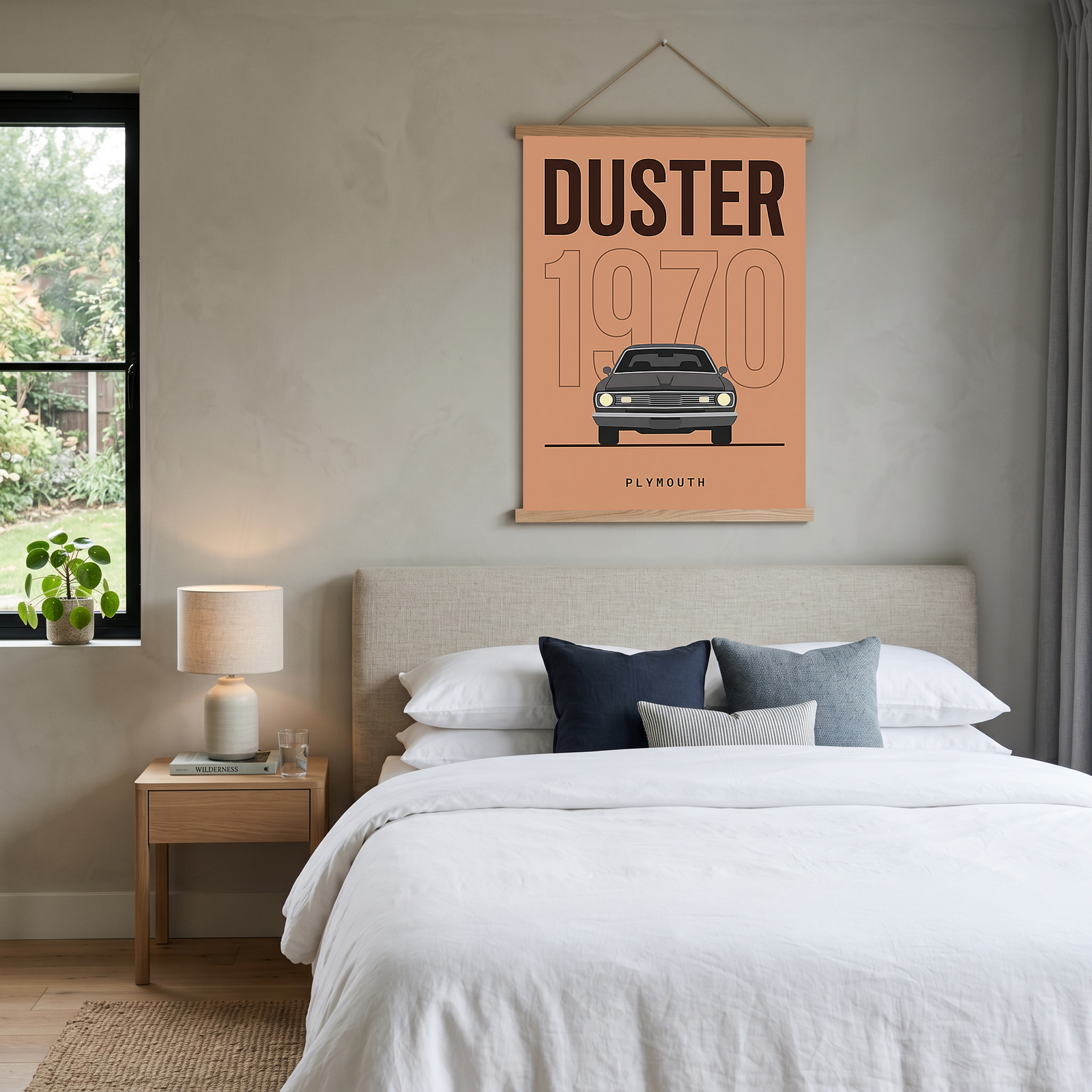 Plymouth Duster 1970 Minimalist Poster — Terracotta Muscle Car Line Art