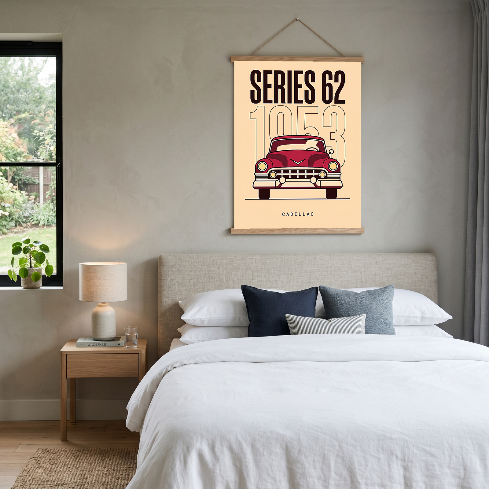 Cadillac Series 62 1953 Minimalist Poster — Cream Classic Car Line Art