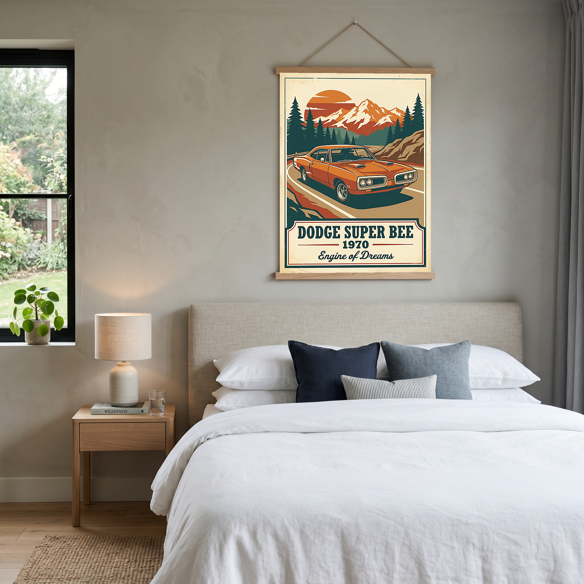 Dodge Super Bee 1970 V2 Poster — Vintage Muscle Mountain Pine Sunset Print