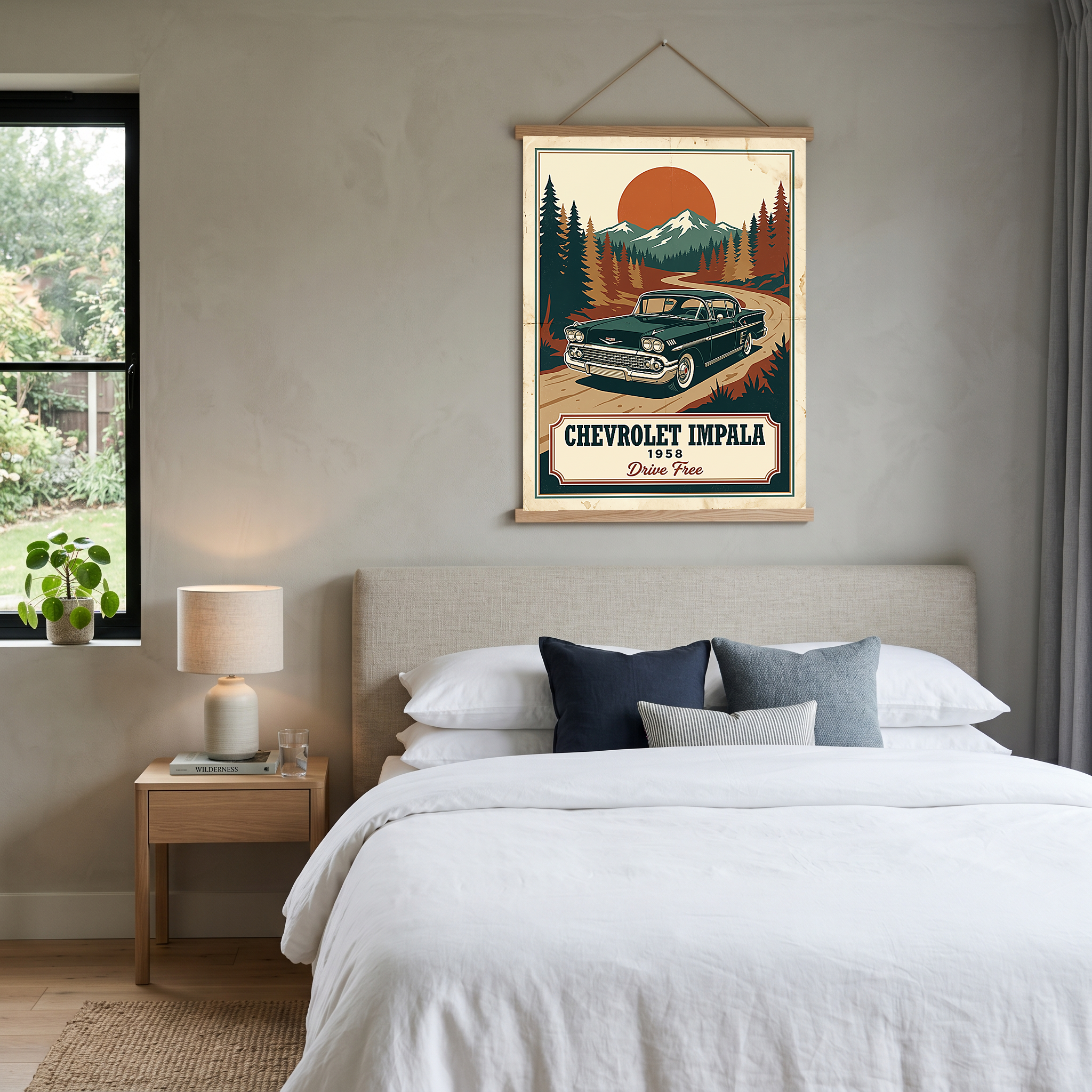 Chevrolet Impala 1958 Poster — Vintage Muscle Mountain Pine Sunset Print