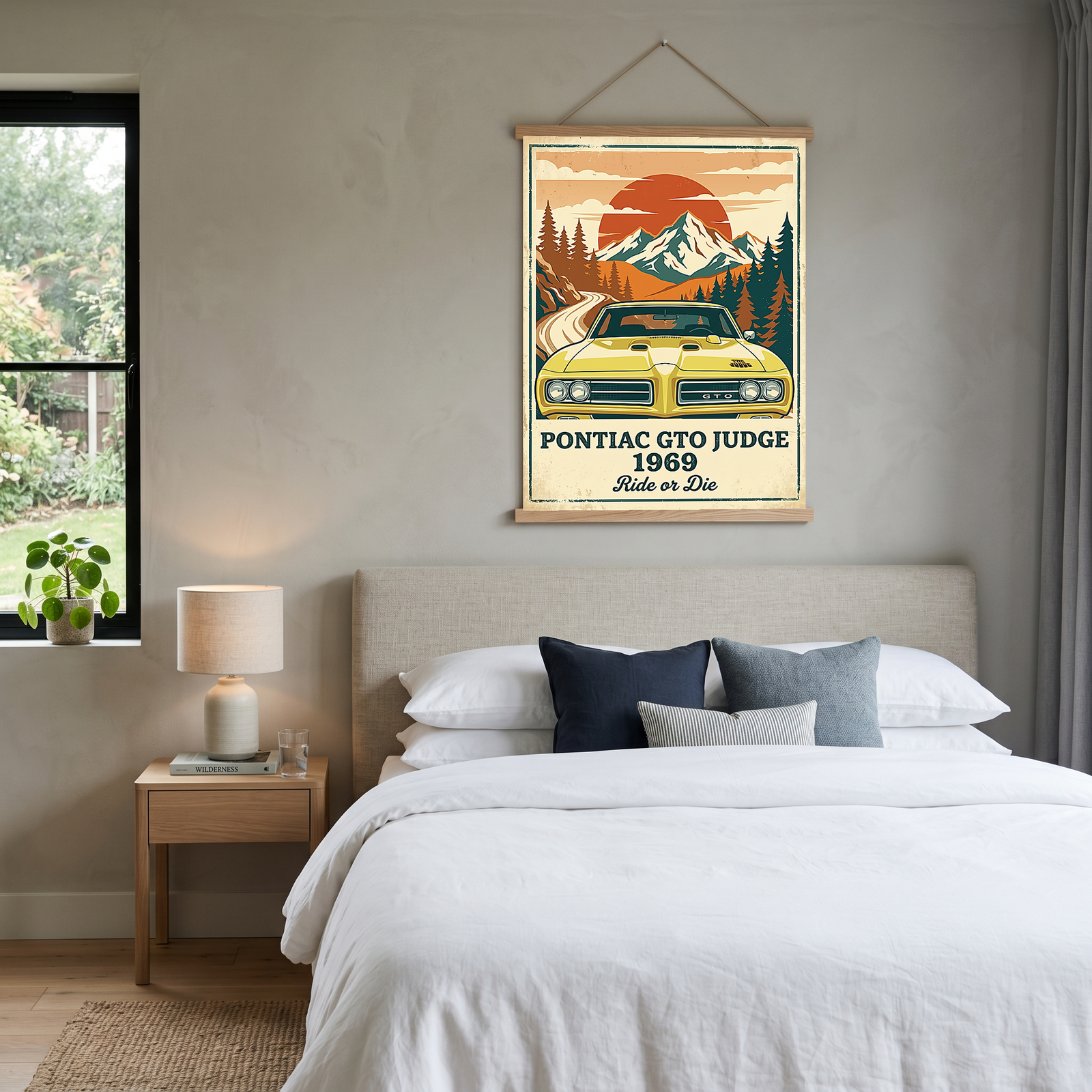 Pontiac GTO Judge 1969 Poster — Vintage Muscle Car Mountain Sunset Print