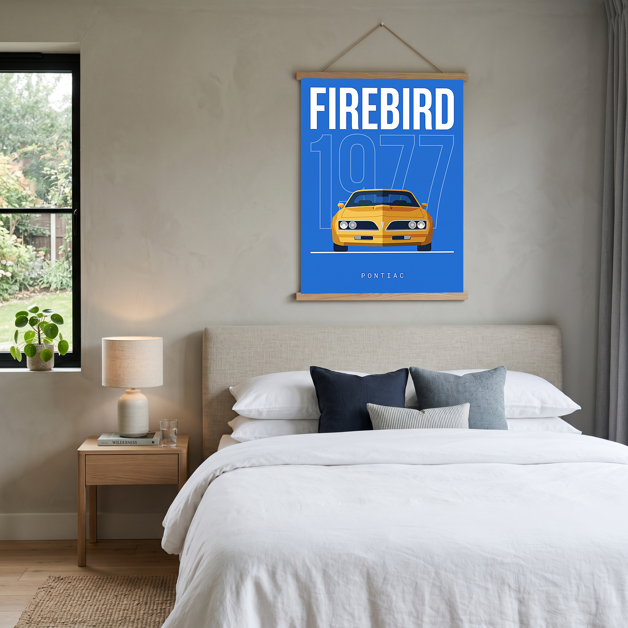 Pontiac Firebird 1977 Minimalist Poster — Blue Muscle Car Line Art