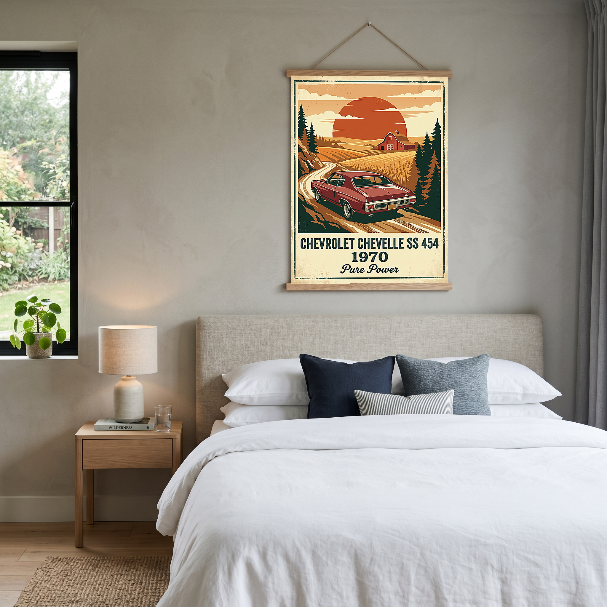 Chevrolet Chevelle SS 454 1970 V2 Poster — Vintage Muscle Car Wheat Field Sunset Print