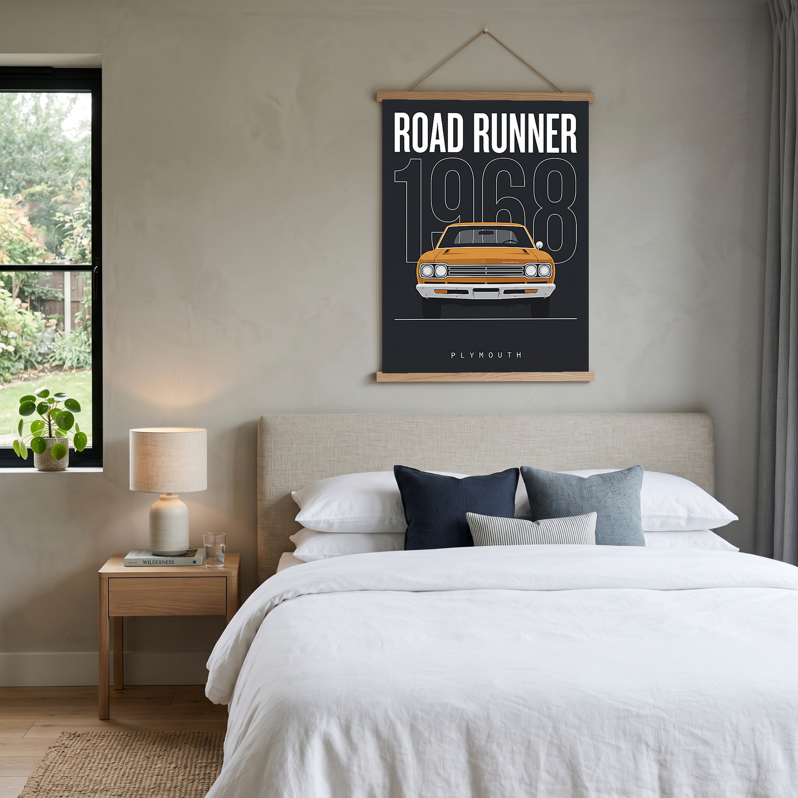 Plymouth Road Runner 1968 Minimalist Poster — Charcoal Muscle Car Line Art