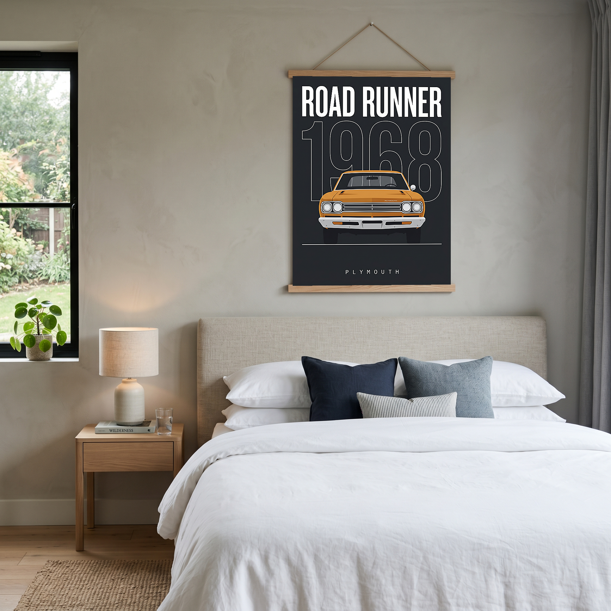 Plymouth Road Runner 1968 Minimalist Poster — Charcoal Muscle Car Line Art